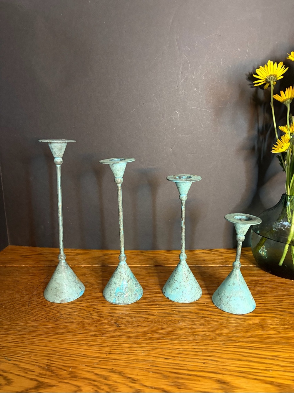 Vintage 80s Postmodern Memphis Style Verdigris Patina Metal Candlesticks - Set 4